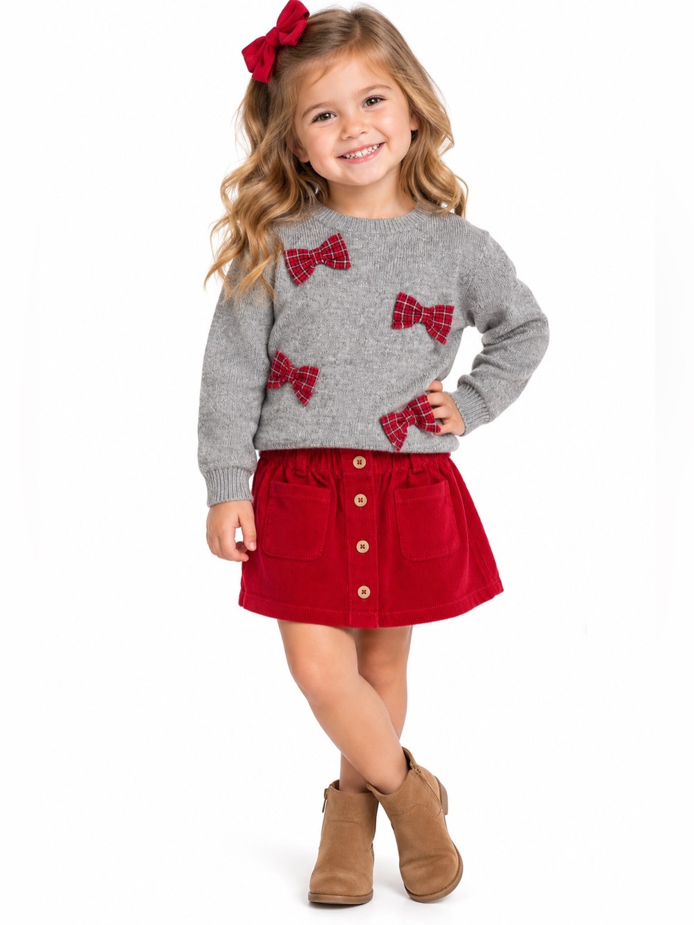 Carter's Girls 4T Holiday Outfit Gray Plaid Bow Sweater & Red Corduroy Skirt NWT